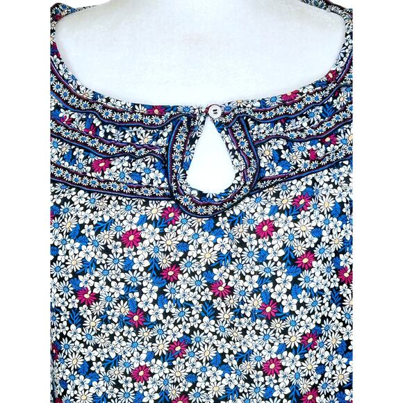 Max Studio Blue Purple Daisy Print Short Sleeve Bubble Hem 3/4 Sleeve Blouse - Picture 2 of 10